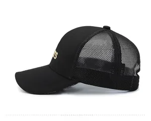 Side view of black mesh baseball cap with breathable net and gold letter embroidery