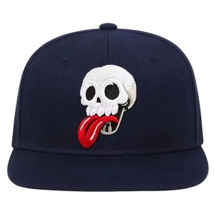 Unisex navy blue baseball cap featuring a unique white skull with red tongue embroidery