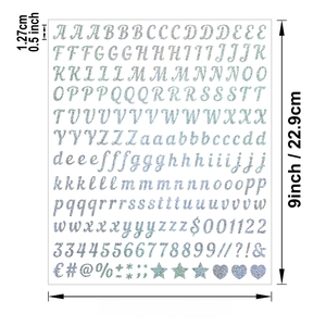 Macro view of 0.5-inch glitter alphabet and number stickers with laser texture