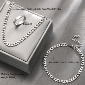 Minimalist silver stainless steel jewelry set with necklace bracelet and ring on display