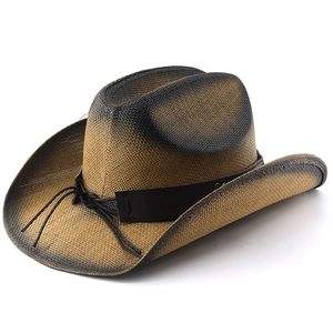 Men's tan straw cowboy hat with black gradient finish and leather band detail
