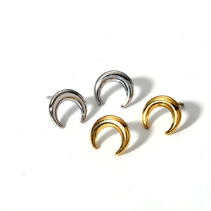 Polished stainless steel punk crescent horn stud earrings in 14K gold and silver finish
