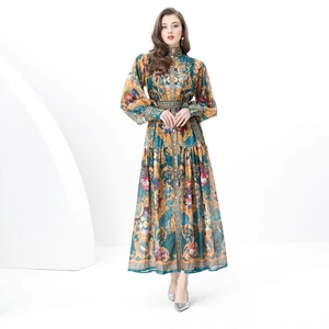Women Vintage Baroque Print Maxi Dress Stand Collar Lantern Sleeve Elegant Long A-Line Dress With Belt