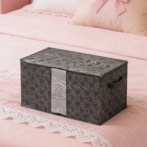 Grey non-woven storage bag with clear window and handles for closet organization