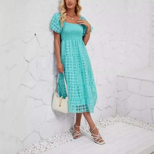 Light blue tiered summer dress with puff sleeves and textured checkered fabric for women