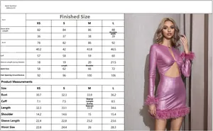 Guide des tailles pour robe moulante rose sexy avec plumes et détails découpés de fête