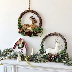 Nordic Christmas wreath set with reindeer, pine cones and berries for home door decor