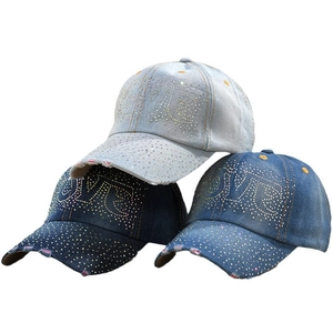 Rhinestone Denim Baseball Cap Love Letter Distressed Washed Outdoor Sun Protection Vintage Fashion Unisex Adjustable Hat