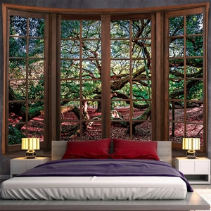 Macro detail of landscape forest tapestry showing 3D window view for room decoration