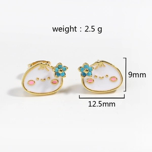 Detail view of cute white enamel bun stud earrings with blue flower and size specs