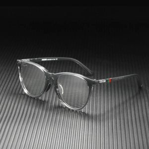 Detail view of polarized sunglasses with signature red and green stripe on the temples