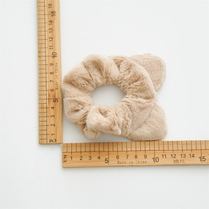 Khaki plush scrunchie with cat ears, soft elastic hair tie measuring 11cm on white background