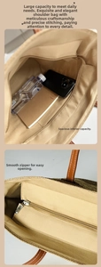 Detail of straw tote bag interior with zipper pocket and smooth leather handle