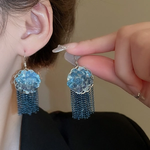 Elegant silver needle earrings with blue gradient flower petals and long metal tassels