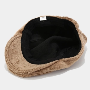 Light brown vintage plush flat cap for women, 100% polyester warm winter ivy hat