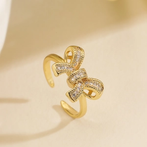 Exquisite gold bow-knot open ring with sparkling white zircon stones for women
