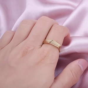 Minimalist 18k gold plated stainless steel multi-layer V-shape stacked ring for women
