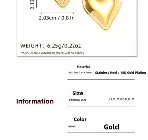Detail of 18K gold plated stainless steel heart earring with dimensions and weight specs