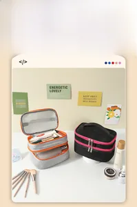 Detail showing breathable double-layer mesh makeup bag with dual zipper and carrying handle