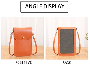 Vues avant et arrière d'un sac de téléphone orange avec fenêtre tactile transparente