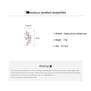 Detailed size chart showing 4x1.5cm zircon and pearl leaf drop earrings in silver