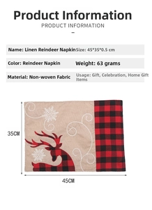 Vue détaillée du set de table de Noël en lin avec motif de renne brodé et flocons de neige
