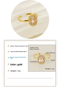 Detail of 18K gold plated adjustable ring with pink rectangular zircon and pavé crystals
