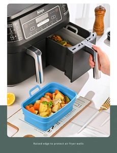 Blue rectangular foldable silicone air fryer liner with handles for Ninja dual basket models