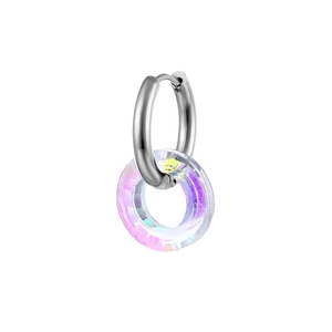 Polished stainless steel hoop earring with iridescent rainbow crystal ring pendant