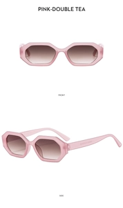 Front and side views of pink hexagonal sunglasses with gradient tea lenses and frames