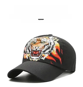 Detailed close-up of breathable mesh fabric and vibrant tiger print on baseball cap