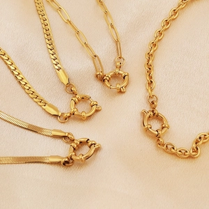 18K gold plated stainless steel necklaces with O-link and spring ring clasps on silk