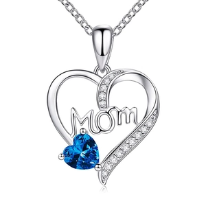 Silver heart necklace with blue gemstone and Mom engraving for gift ideas