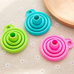 Three-piece colorful folding silicone kitchen funnels in green blue and pink colors