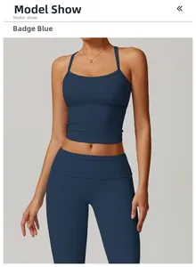 Detail view of the racerback sports tank top and leggings in deep badge blue color