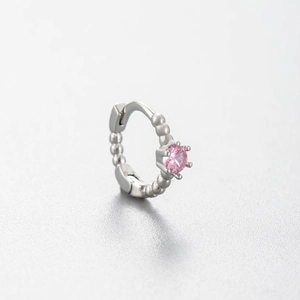 Silver bow-shaped hoop earring with pink zircon stone and metallic beads for women