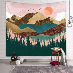 Detailed close-up of mountain tapestry wall hanging with sunset and forest design