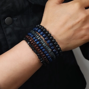 Men's multilayer wooden bead bracelet set featuring vintage textures in deep natural tones