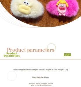 Detail view showing dimensions of cute plush hair clips featuring cartoon characters