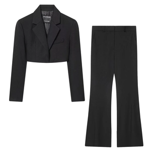 Women Solid Color Cropped Blazer And High Waist Flare Pants Streetwear Retro Elegant Fashion Outfits Suits