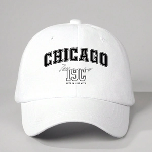 Casquette de baseball blanche en coton Chicago avec imprimé vintage noir et sangle réglable