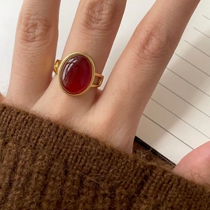 Anello Ovale in Agata Rossa Argento Sterling 925 Vintage Francese per Donna Minimalista Regolabile Oro Argento Anello Aperto Gioielli