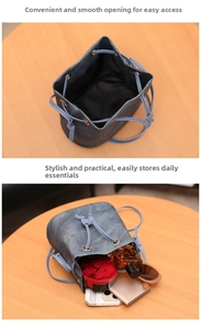 Detail view of blue bucket bag with drawstring closure and spacious interior for essentials