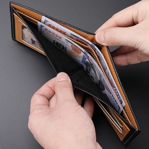 Men's carbon fiber bifold wallet with contrast brown interior and multi card slots