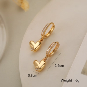 Detail shot of gold-plated heart earrings showing 2.4cm length and 0.8cm width dimensions
