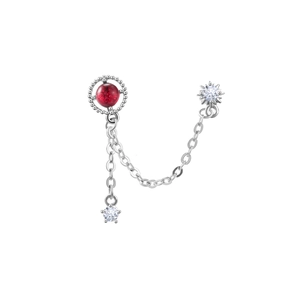 Silver earring chain with red stone bead and sparkling star-shaped zircon charms
