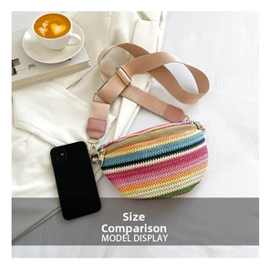 Rainbow striped woven belt bag with adjustable pink strap shown next to a smartphone