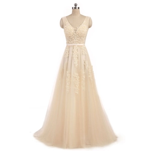 Elegant Lace Tulle Evening Dress V Neck Sleeveless A Line Formal Gown For Wedding Party Prom Women