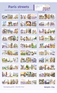 Macro display of 30 watercolor Paris street scenery washi stickers for travel journals