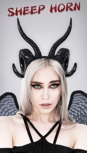 Detail of dark gothic sheep horn headband with realistic texture for Halloween cosplay
